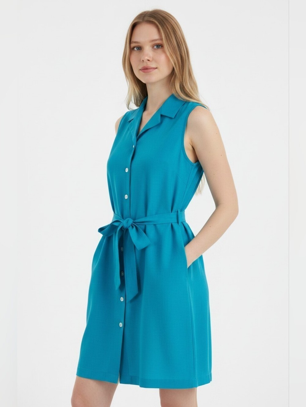 Merona Dress Vintage 90's Turquoise Blue 100% Silk Tie Waist Belt Pockets Small